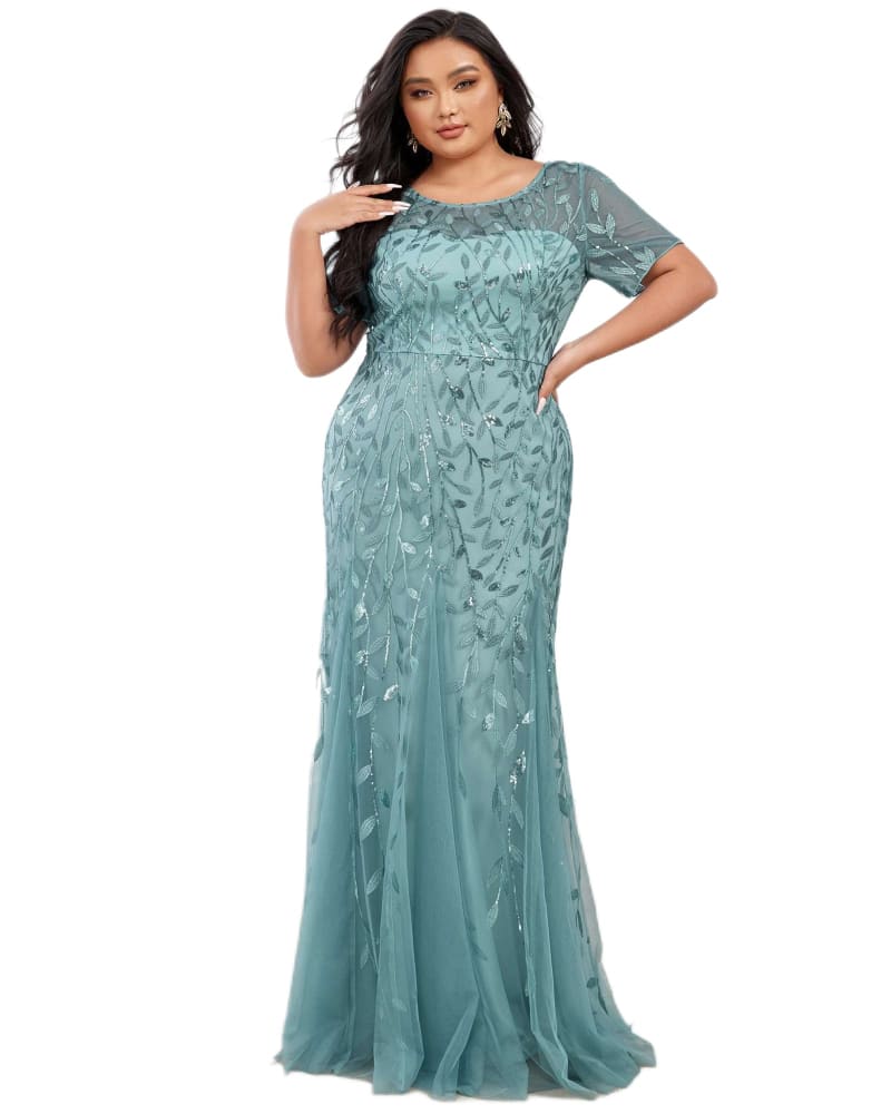 Front of a model wearing a size 20 Floral Sequin Mermaid Tulle Evening Dress in Dusty Blue by Ever-Pretty. | dia_product_style_image_id:284660